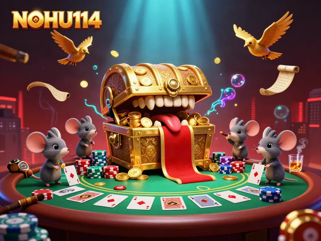 Experience jackpot thrills with NOHU114 in a captivating poker-themed gaming paradise filled with vibrant characters and rich details.