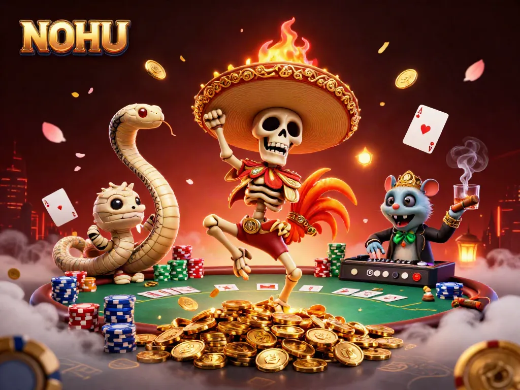Experience the thrilling vibe of NOHU casino with vibrant characters celebrating amidst dazzling game elements.