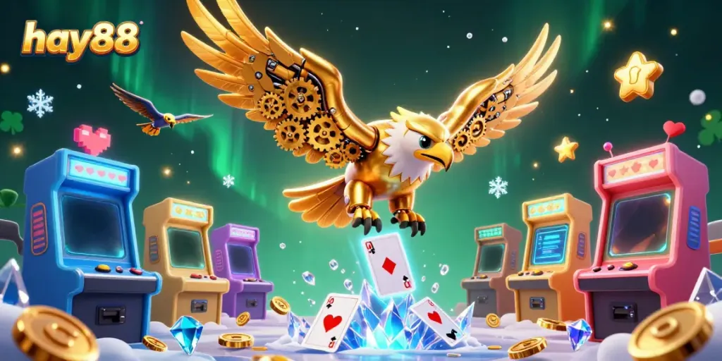 Experience thrilling wins with the hay88 casino games, featuring a cybernetic eagle surrounded by holographic cards.