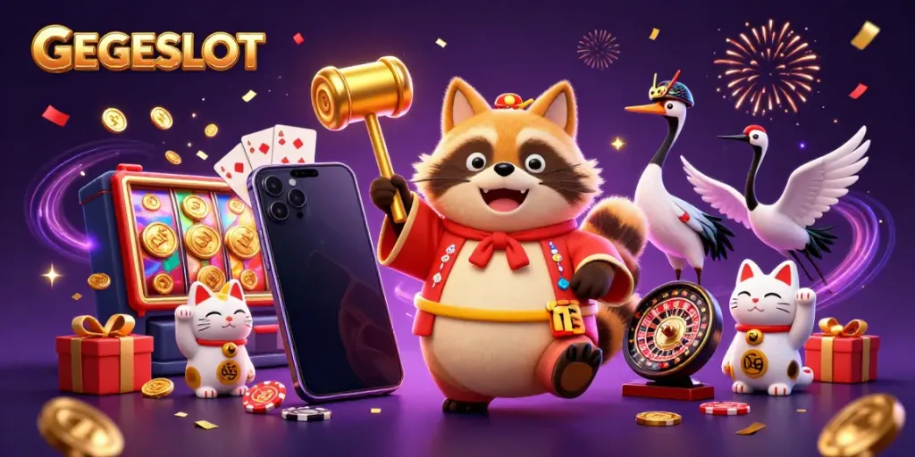 Experience the excitement of GEGESLOT with a vibrant 3D casino illustration featuring lucky symbols and characters.