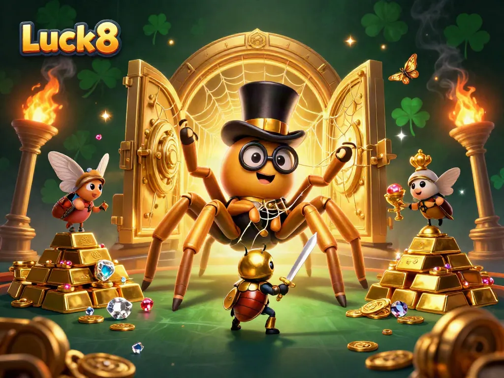Experience Luck8's vibrant online casino world with a 3D golden tarantula character.