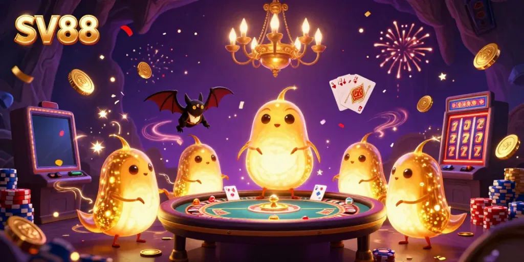 Experience excitement at SV88 with a vibrant cave casino, illuminated by glowworms and a bat dealer.