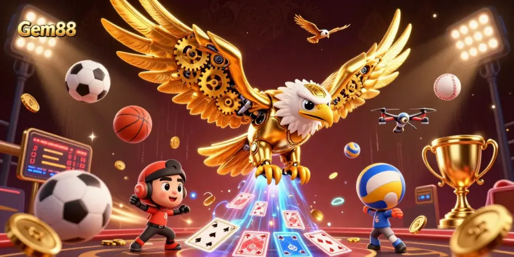 Gem88 showcases thrilling gaming action with a flying golden eagle amidst vibrant casino elements.