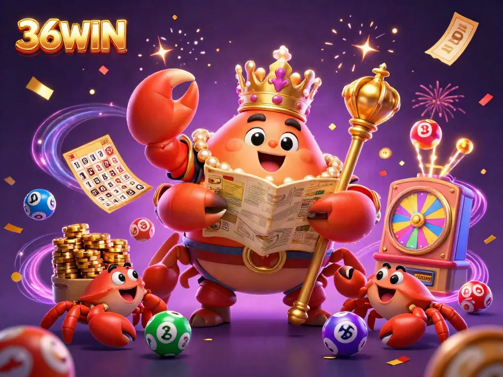 Experience thrilling games at 36WIN with a lively scene of a golden crab emperor and gaming elements.