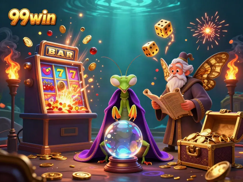 Experience the thrill and excitement of 99win with vibrant casino scenes and characters bringing joy and fortune.