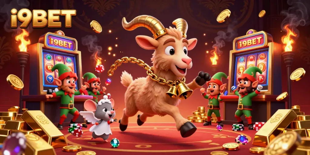 Experience i9BET's casino excitement with a cartoon Krampus and playful characters amidst dynamic slot and jackpot elements.