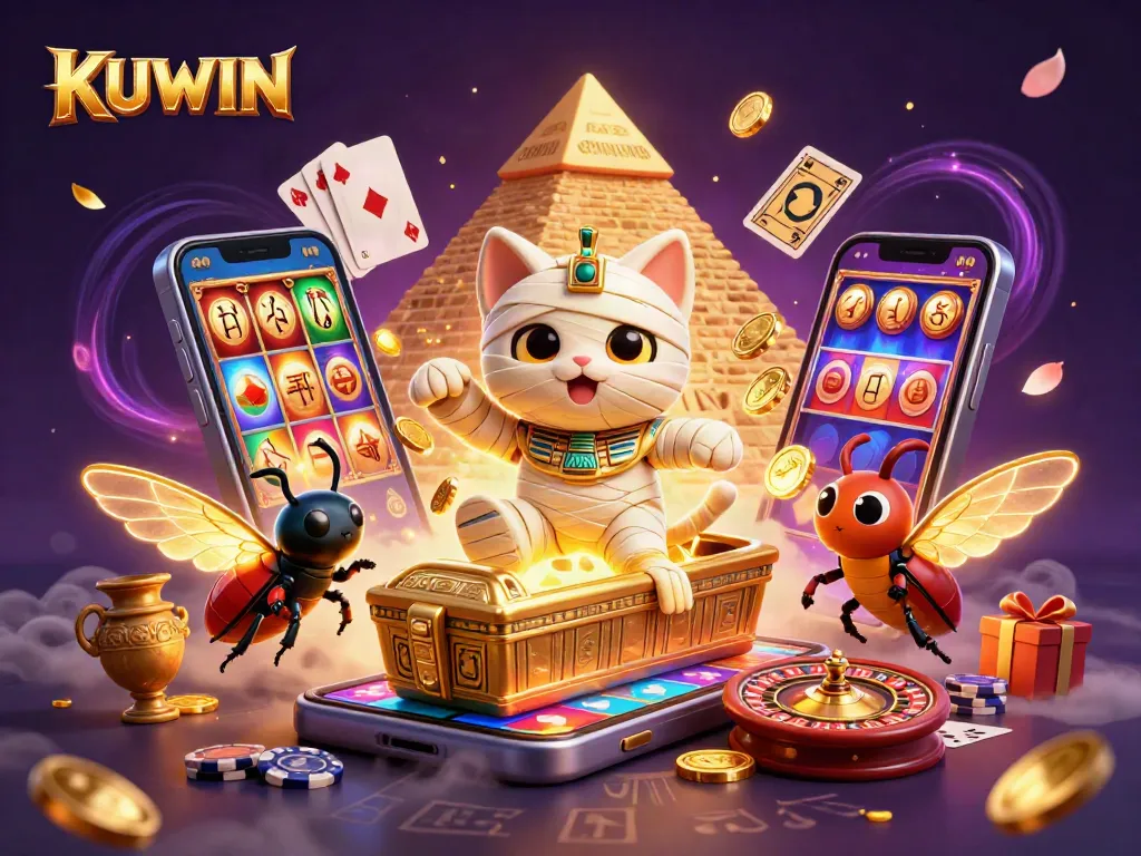 KUWIN offers thrilling gaming action with a 3D mummy cat and glowing scarab in a casino scene.
