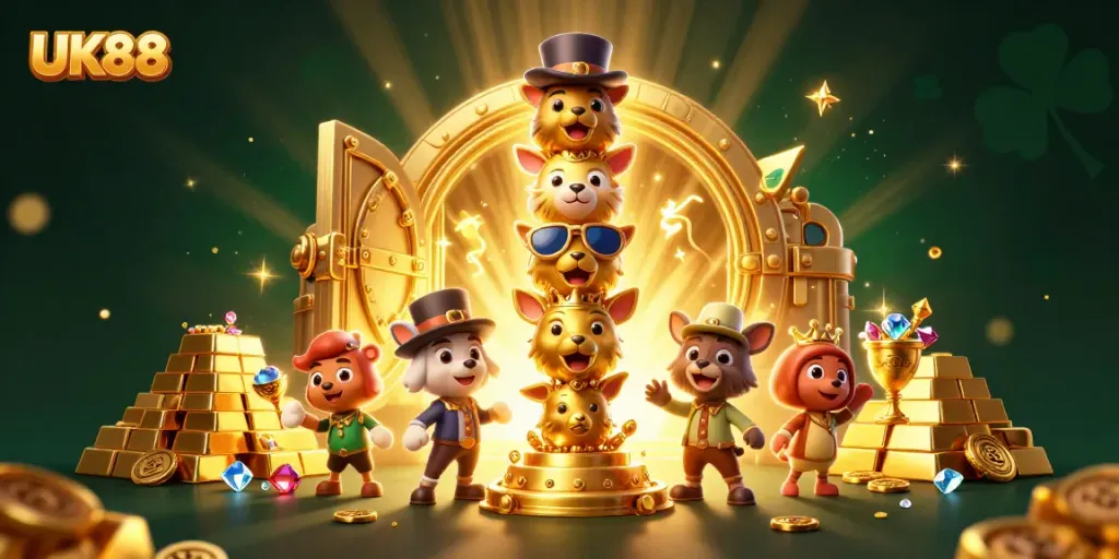 Engage with UK88's vibrant casino scene featuring a dynamic golden totem pole and treasures.