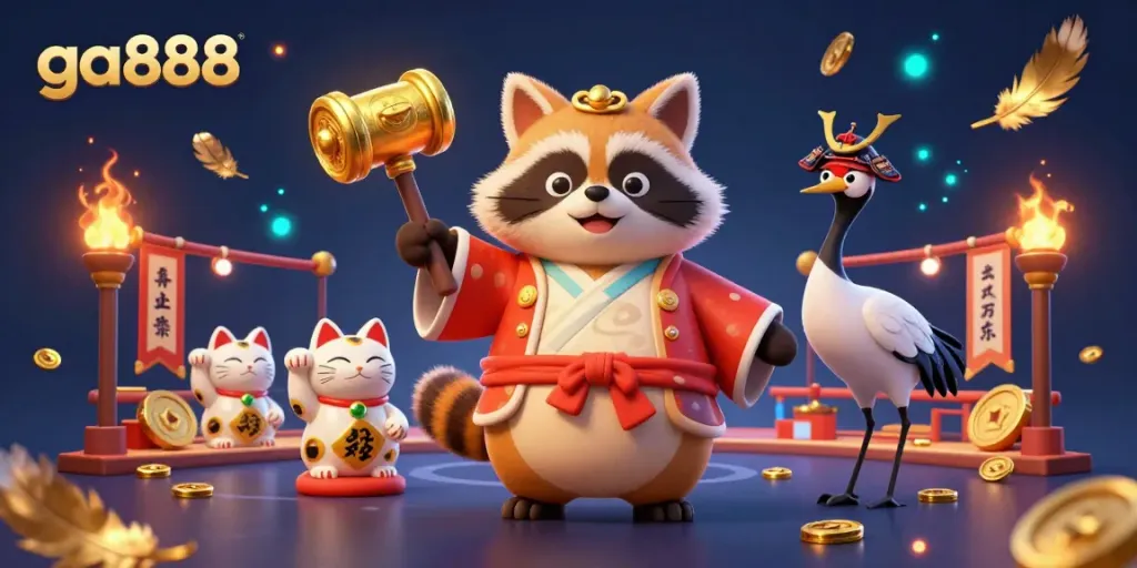 Experience the excitement at ga888 with colorful maneki-neko and a cheerful tanuki against a vibrant casino backdrop.