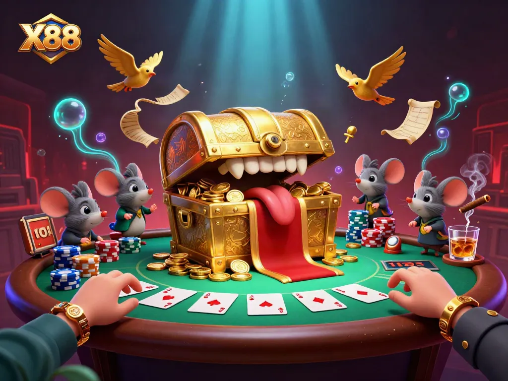 X88 showcases an adventurous treasure chest and mice by a vibrant poker scene full of action and excitement.