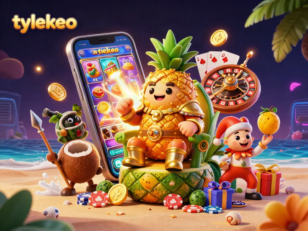 Engage with tylekeo, the energetic 3D casino scene showcasing a pineapple king and fun gambling elements.