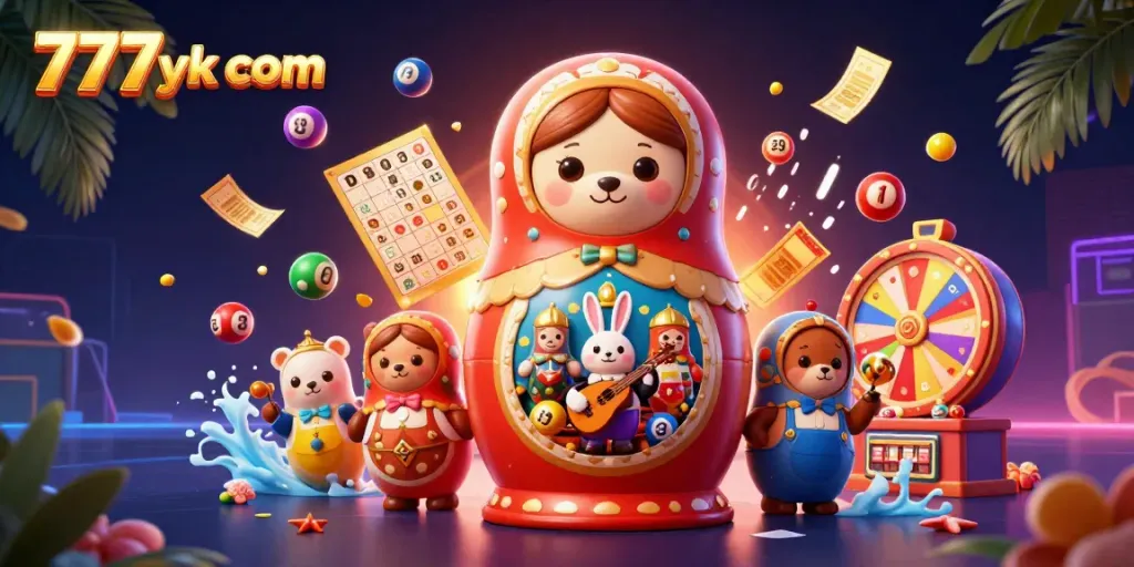 Experience the thrill of 777yk com with colorful lottery elements and casino dealer bears in a vibrant 3D scene.