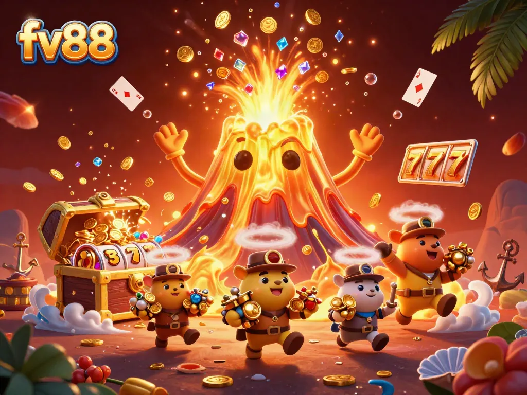 Experience excitement at fv88 with a golden volcano erupting treasures alongside spinning slot reels.