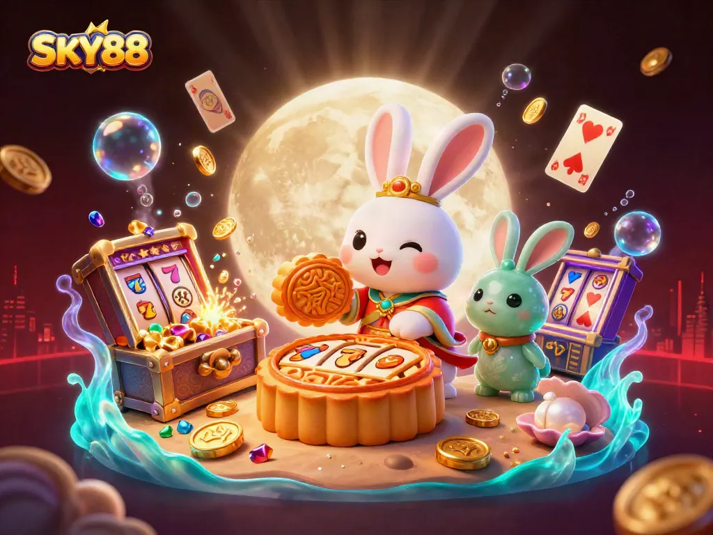 Win big with exciting slots at SKY88, featuring vibrant characters, golden coins, and rich casino elements.