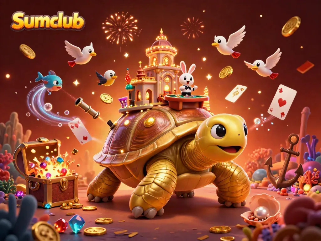 Experience the exciting vibe of Sumclub with a vibrant casino scene filled with golden tortoise and confetti.