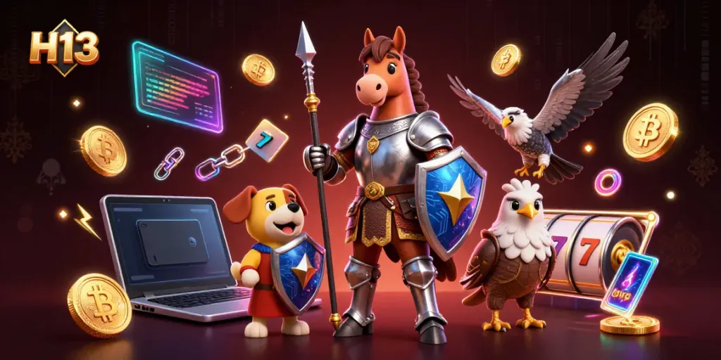 Engage with H13 gaming excitement featuring a medieval knight, puppy squire, falcon, and neon casino elements.