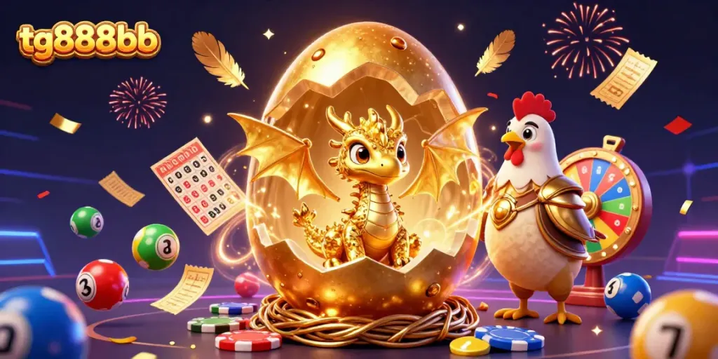 Engage with tg888bb's thrilling gaming world featuring a golden egg and sparkling confetti.