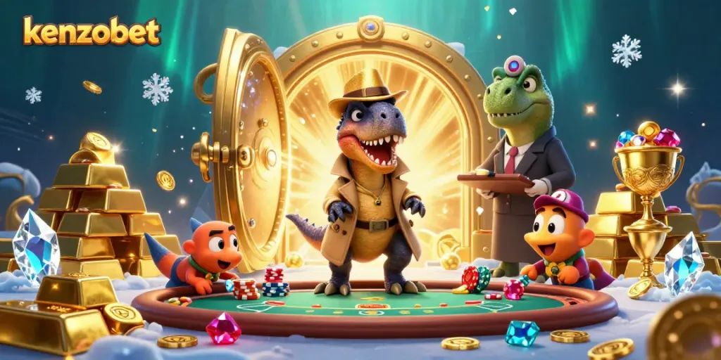 Kenzobet offers a thrilling poker experience with a colorful illustration of playful characters in a dynamic casino scene.