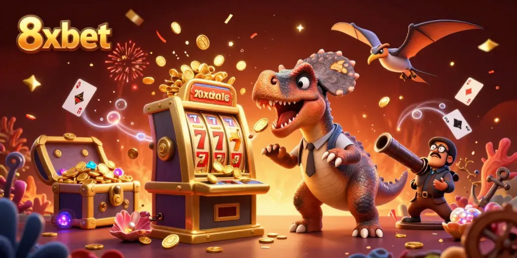 Experience the excitement at 8xbet with a dynamic scene of a pachycephalosaurus celebrating jackpot wins!