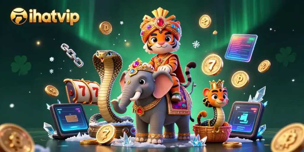 Experience thrilling gameplay with nhatvip featuring a majestic maharaja tiger and an elephant at a vibrant online casino.