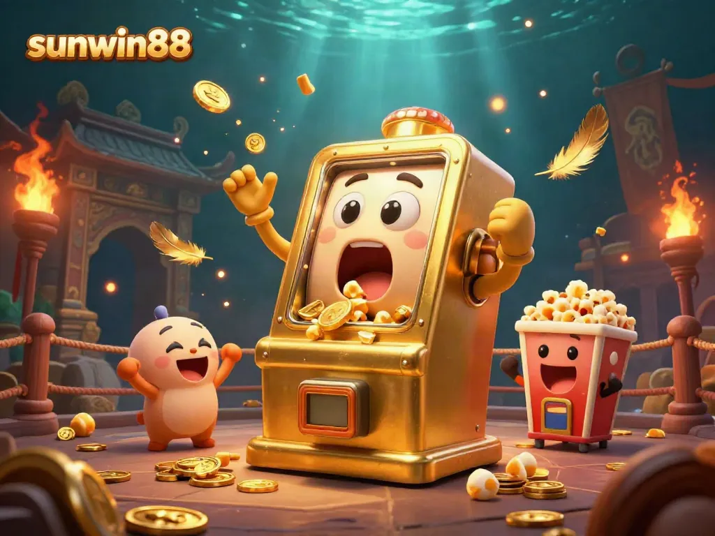 Join the celebration with sunwin88 as a joyful golden slot machine wins a jackpot in vibrant casino scene.