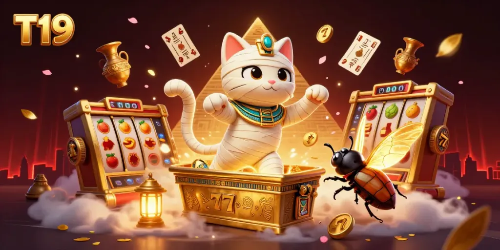 T19 offers an immersive experience with a cartoon Egyptian mummy cat and golden sarcophagus in a vibrant casino scene.