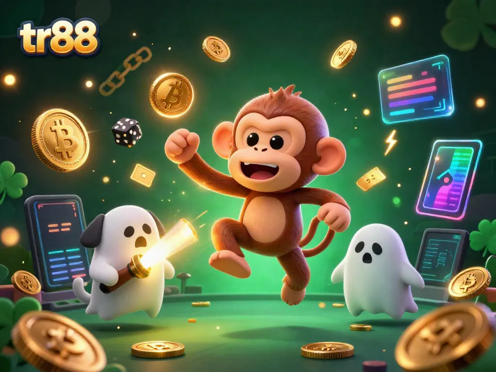Experience thrilling casino action with tr88 as a mischievous poltergeist monkey juggles coins in a haunted setting