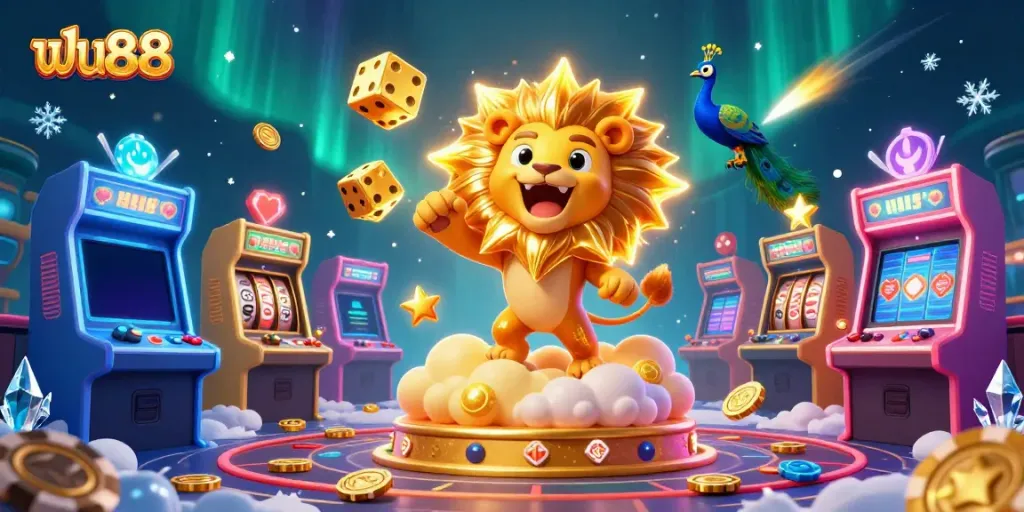Join the fun at ฟัน88 with this vibrant casino illustration, featuring thrilling games and lucky charms.