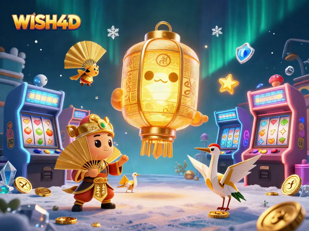 Experience thrilling gameplay with WISH4D, featuring dynamic slot reels and golden elements.