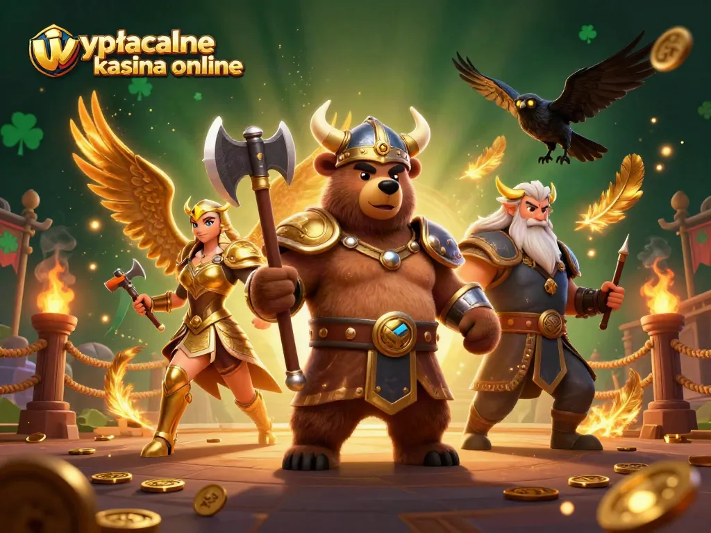 Engage with wypłacalne kasyna online through a vibrant scene featuring a Viking bear and Valkyrie eagle, dynamic gaming elements, and gold coins.