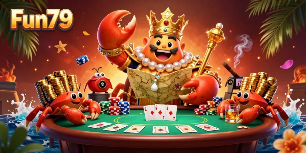 Experience Fun79's golden crab emperor ruling over a vibrant casino environment full of poker excitement.