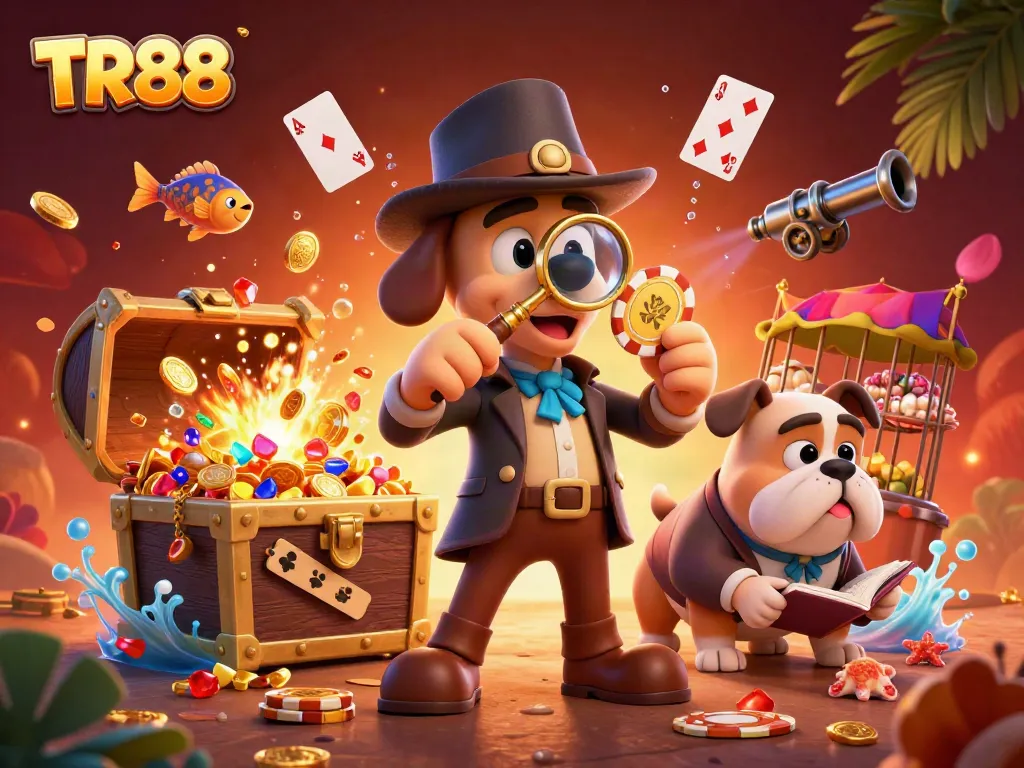 Engage in thrilling adventures with TR88 at a vibrant online casino, revealing treasure in a festive gambling scene.