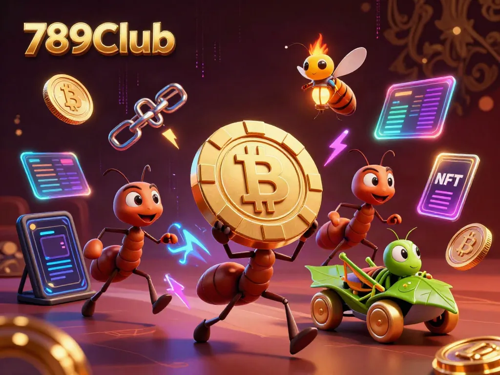Engaging 3D illustration featuring ants and a grasshopper in a vibrant 789Club heist scene, showcasing a golden poker chip.