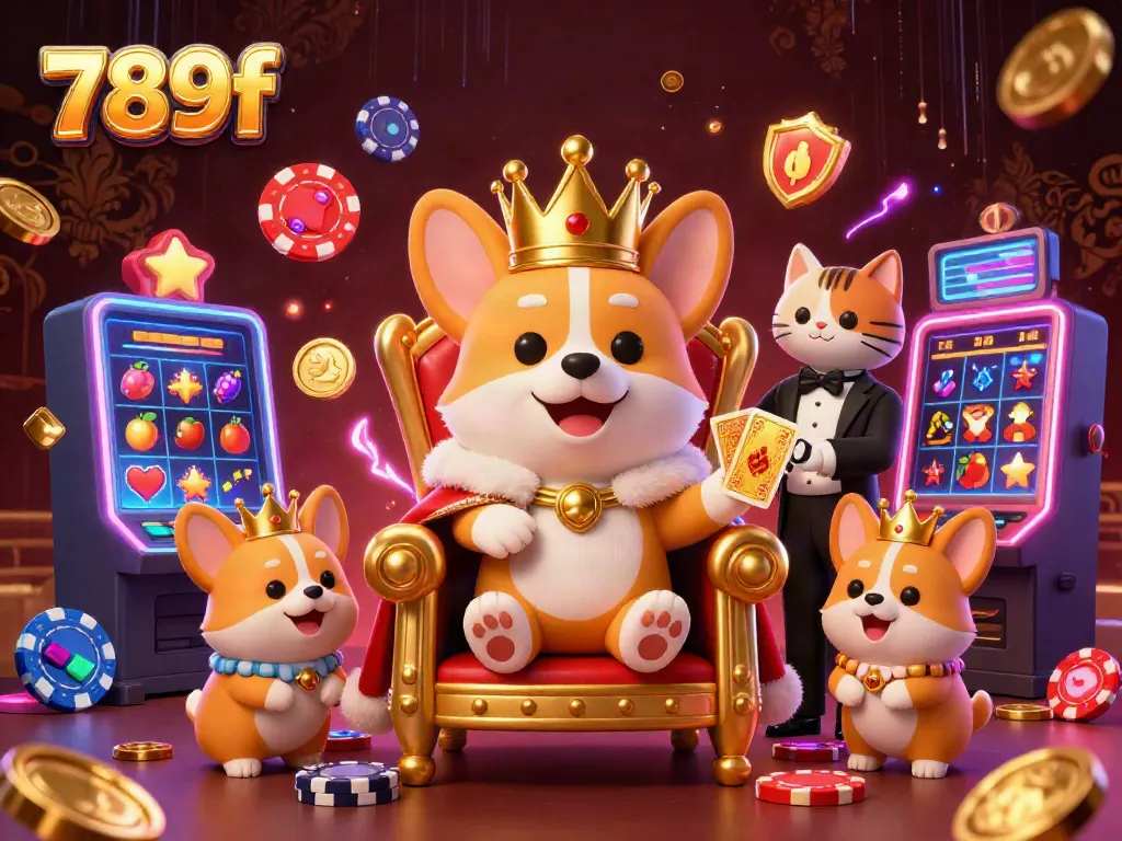 Experience thrilling gaming with 789f featuring royal corgi amidst vibrant slot machines and dazzling casino elements.