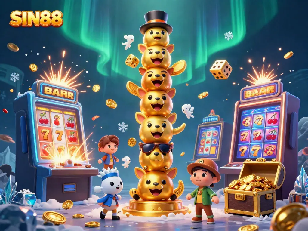Experience the excitement of SIN88 with vibrant casino-themed 3D illustrations featuring dynamic game elements.