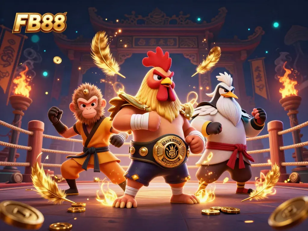 Engage with FB88's dynamic gaming experience featuring a Muay Thai rooster, monkey martial artist, and crane master.