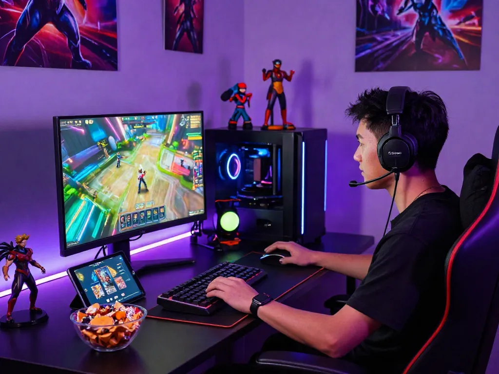Engaged gamer enjoying warung168 gaming experience with vibrant surroundings.
