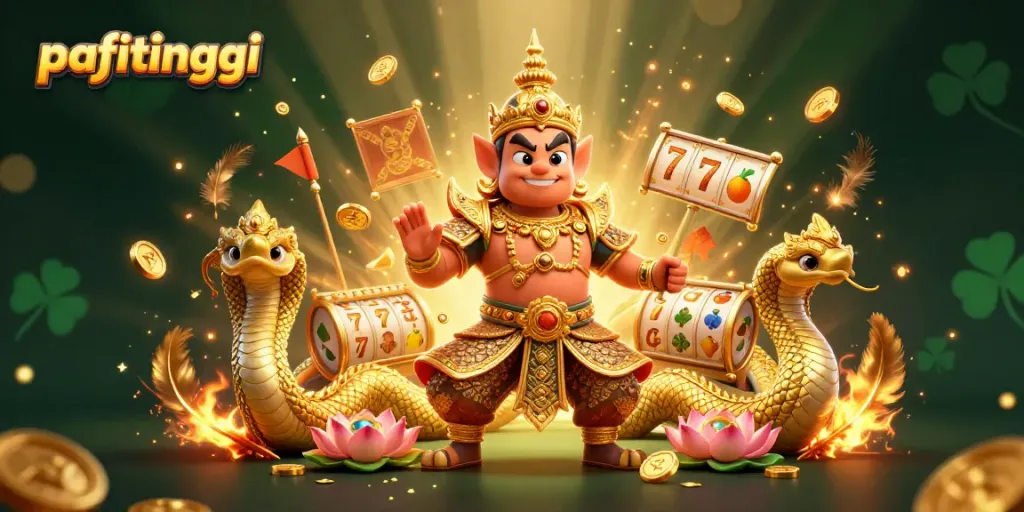 Permainan slot yang menarik di pafitinggi dengan karakter penjaga kuil dan simbol keberuntungan.