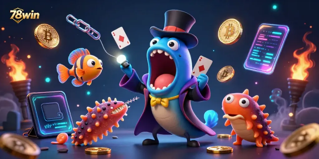 Experience thrilling 78win casino magic with deep-sea creatures performing card tricks.