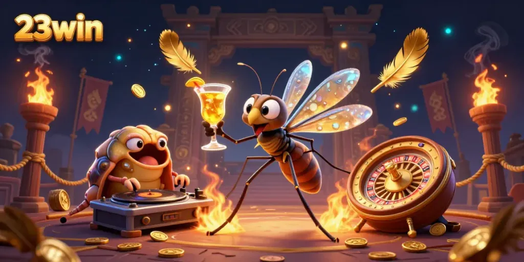 Engage with thrilling action at 23win featuring a vibrant casino mascot and unique gaming elements.