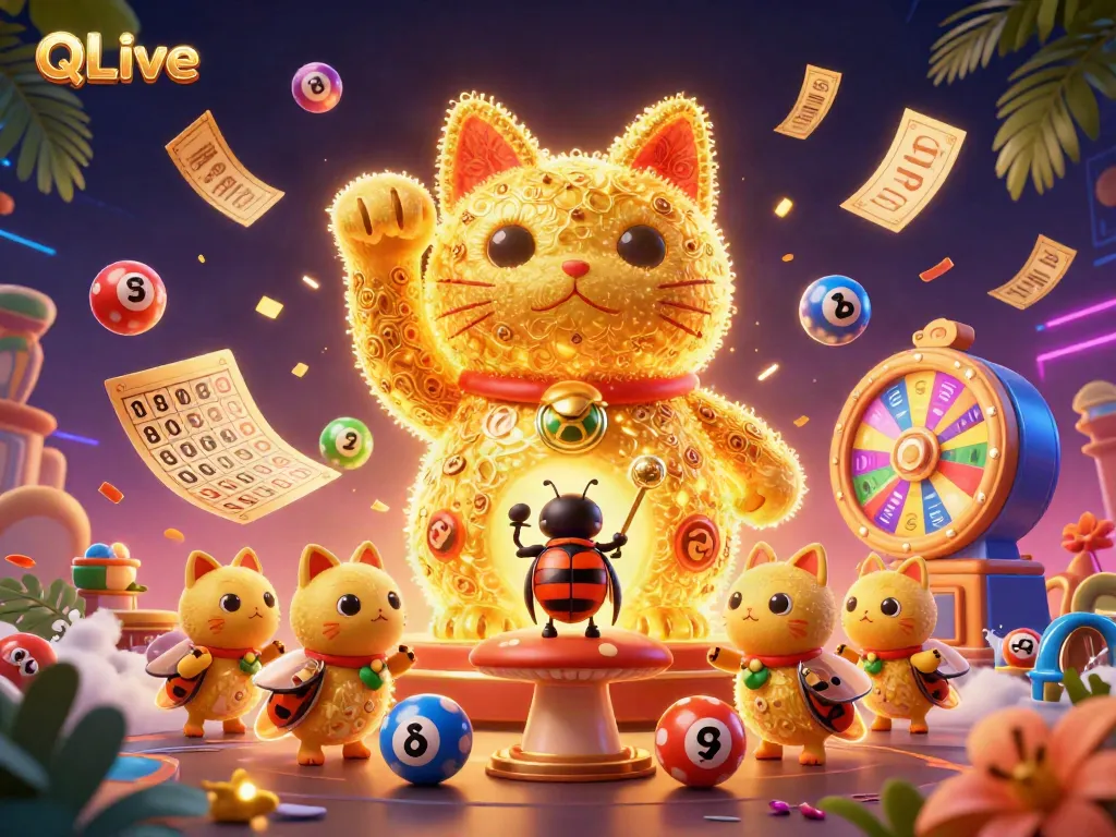 Engage with QQLive's dynamic casino experience featuring vibrant lottery elements and a lucky cat.