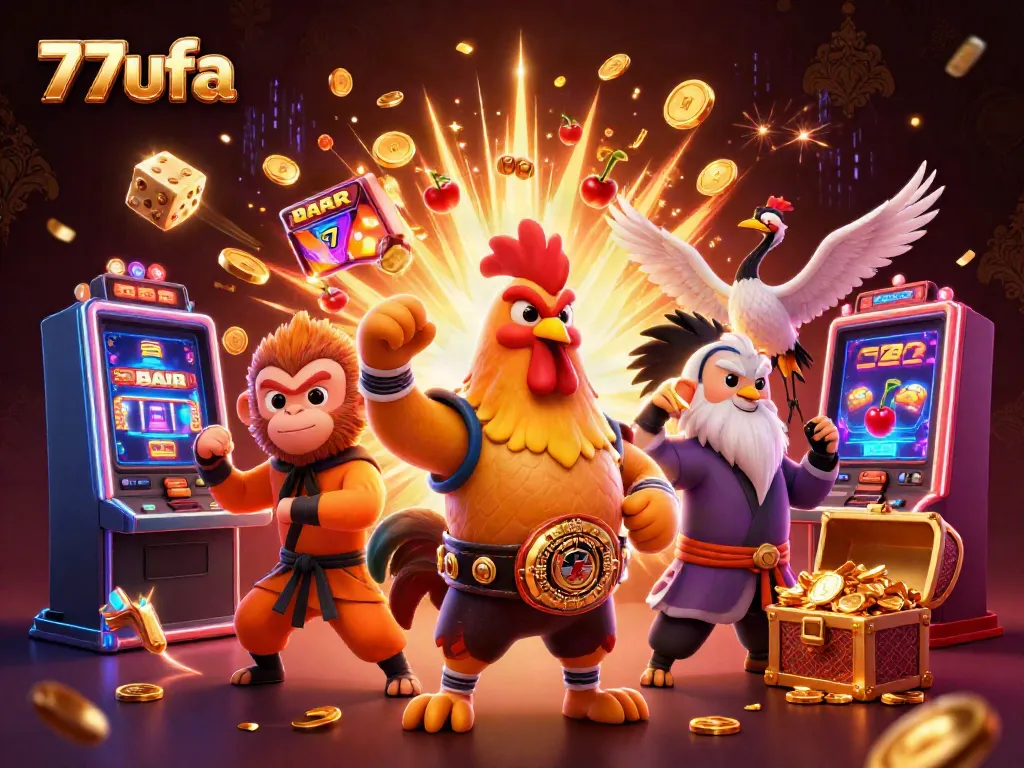 Engage in exciting online games at 77ufa with a vibrant casino illustration showcasing thrilling action and characters.
