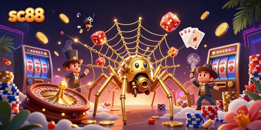 Play exciting games at sc88 with golden spider and Victorian fly in a dynamic casino scene.
