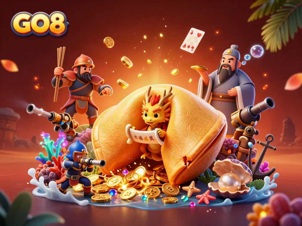 Engage with GO8's vibrant 3D cartoon scene depicting a golden fortune cookie, dragon, and gaming elements.
