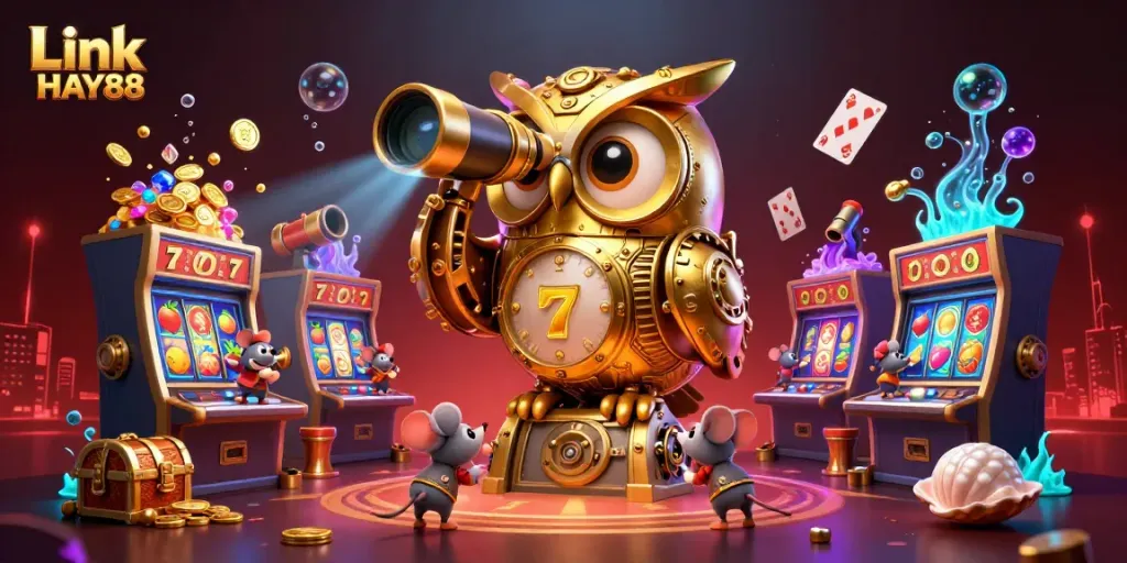 Engage in thrilling action with Link HAY88's golden owl overseeing a vibrant casino scene.