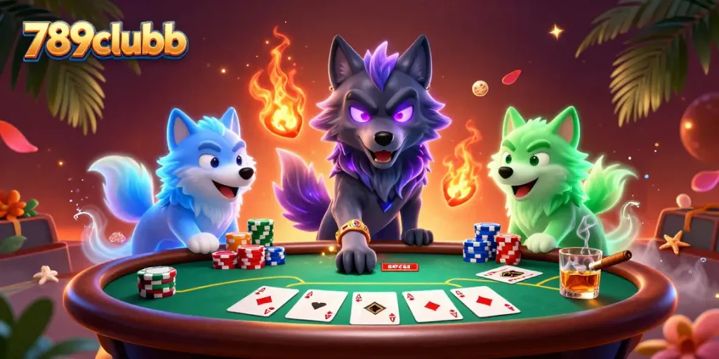 Experience thrilling play at 789clubb with ghostly wolves in a vibrant casino setting.