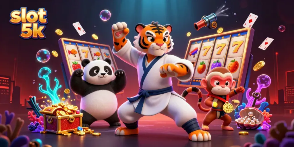 Engage with slot 5k gameplay in a vibrant 3D illustration featuring animated characters and casino elements.