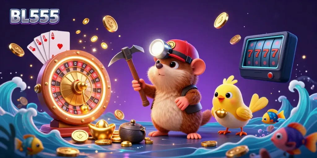 Experience the thrill of gaming at BL555 with treasure hunt elements and casino symbols.