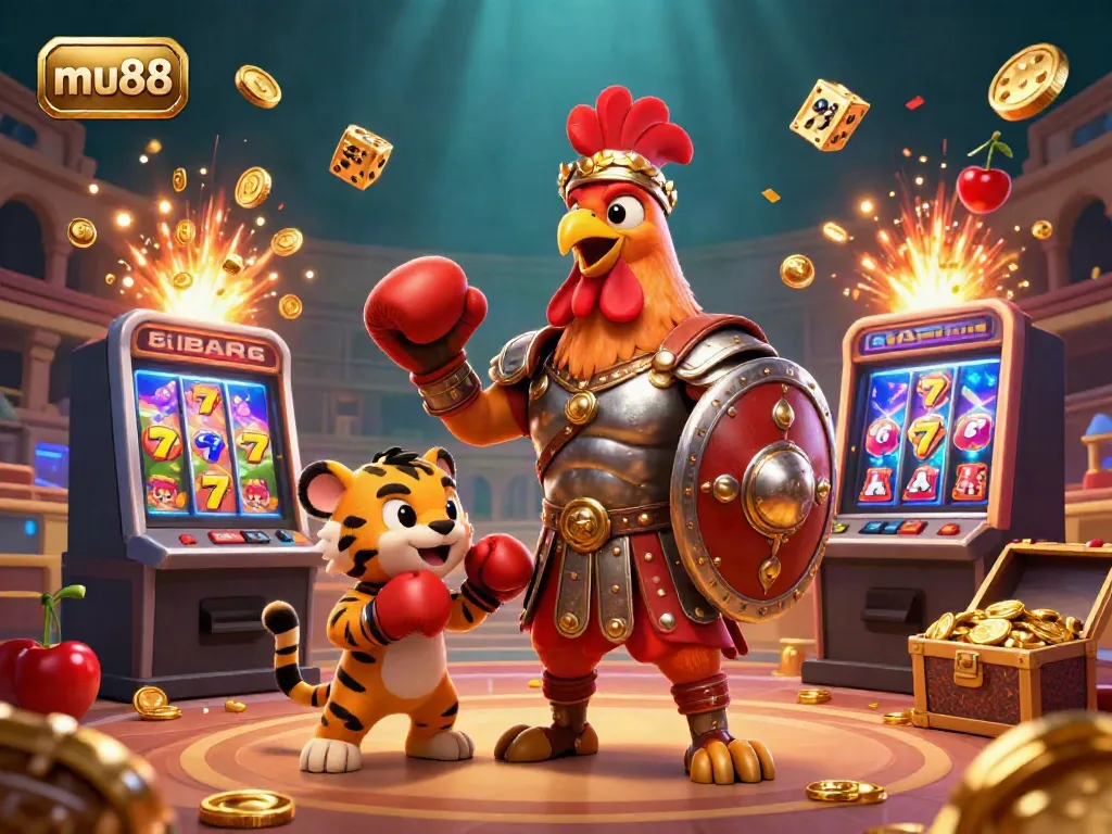 Experience the thrill of mu88 in this dynamic casino scene with a rooster and tiger cub amidst a jackpot explosion of coins.