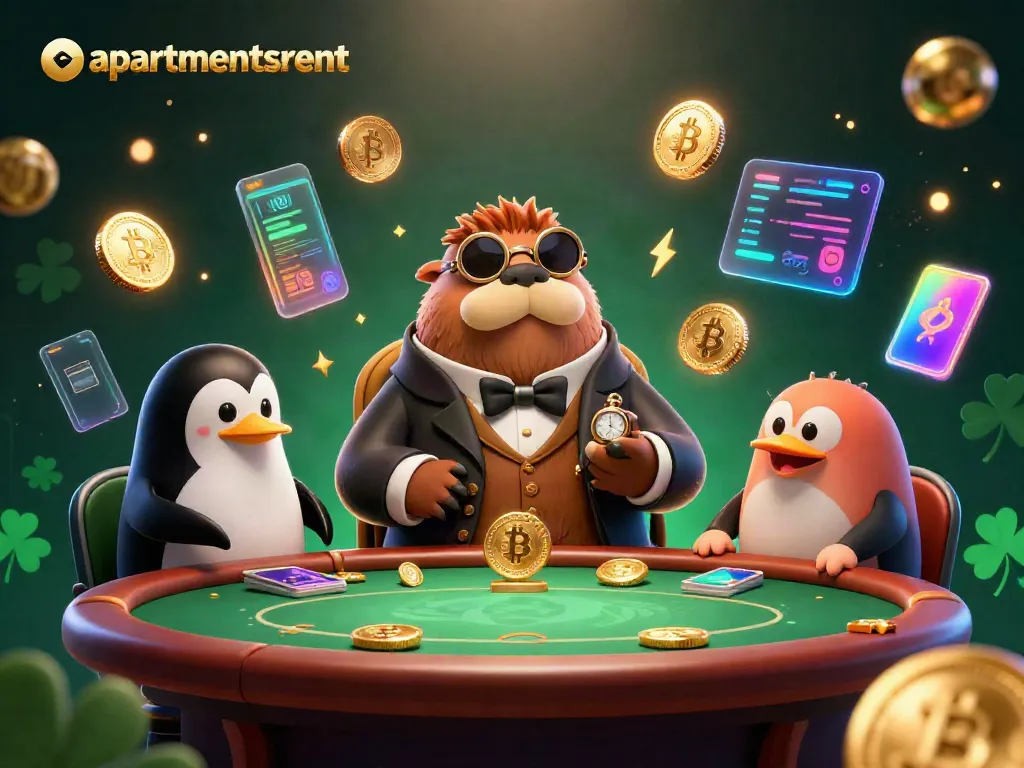 Mencoba keberuntungan di kasino dengan apartmentsrent; walrus dandan, dealer penguin, dan ikan puffer bermain kartu.